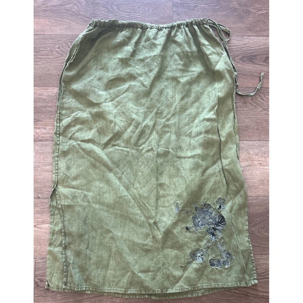 Cynthia Ashby Womens Boho Linen‎ Olive Green Floral Embellishment Skirt Sz L